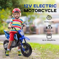 Qaba 12V Kids Dirt Bike, Electric Motorcycle with Twist Grip Throttle, Training Wheels, Rear Suspension & Music, Blue(m-6)