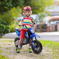 Qaba 12V Kids Dirt Bike, Electric Motorcycle with Twist Grip Throttle, Training Wheels, Rear Suspension & Music, Blue(m-8)