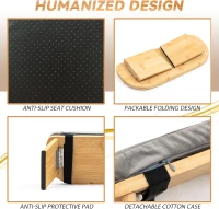 Bamboo Folding Meditation Bench Stool with Cushion and Carrying Bag — Seiza Kneeling Prayer Bench (Grey & Bag)(m-7)