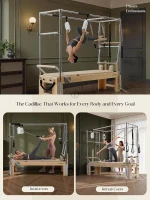 3-in-1 Pilates Reformer Cadillac Combo — Oak Wood Reformer with Cadillac Trapeze & Tower, Quick-Convert Studio-Grade Equipment(m-9)