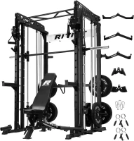 RitFit M1 / M1 Pro Smith Machine with Cable Crossover — Multi-Function Squat Rack Power Cage Package (Bench + 370 lb Bumpers + Accessories)(m-1)
