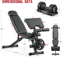 XDDIAS 900 lb Adjustable Workout Bench with Leg Extension/Curl, Extended Headrest & Preacher Pad – Incline/Decline/Flat (Includes 55 lb Adjustable Dumbbells)(m-8)