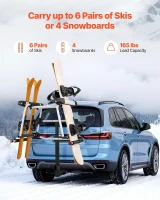 VEVOR Hitch-Mounted Ski & Snowboard Rack for 2-Inch Receiver, Carries up to 6 Pairs of Skis or 4 Snowboards, Includes Key Lock, Security Strap, 120° Tilt Access & Rubber Padding(m-2)