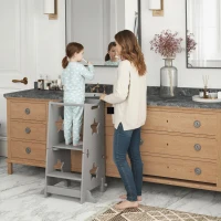 Qaba 2 in 1 Toddler Tower with Safety Rail for Bathroom, Sink, Kitchen or Counter, Gray(m-2)