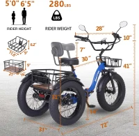 Narrak Adult Electric Tricycle 750W (Peak 1350W) 48V 13Ah Ebike - 20x4.0"" Aluminum Folding Fat-Tire 3-Wheel Trike with Rear Motor Differential & Hydraulic Brakes(m-2)
