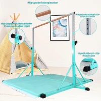 Adjustable Kids Gymnastics Bar with Mat – 5 ft / 6 ft Horizontal Bar, 35""–59"" Height Range, 500 lb Capacity, Foldable Training Equipment for Ages 5–20(m-5)