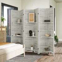 HOMCOM 6 Panel 67" Tall Wood Privacy Screen Room Divider with 3 Shelves and Folding Storage for Bedroom, White(m-8)