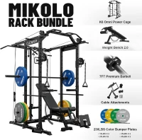 Mikolo K6 Power Cage with Cable Crossover, 1500 lb Squat Rack and Lat/Low Row Pulley System — Complete Home Gym Package(m-2)