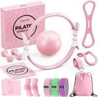 Women's Pilates Starter Kit — 14"" Magic Circle, Mini Ball & Resistance Bands Home Workout Set with Dumbbells and Guide(m-1)