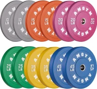 AMGYM Olympic 2-Inch Bumper Plate Set — Multi-Plate Package (10–45 lb Options), Rubber Weight Plates for Home Gym, Strength Training & Weightlifting(m-1)