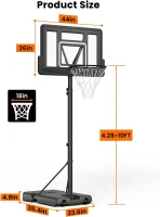 IGL Portable Basketball Hoop – 44"" PC Backboard, Height Adjustable 4.28–10 ft, Outdoor/Driveway Goal for Kids, Teens & Adults(m-10)