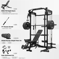 Mikolo HR05 Power Cage – 2000 lb Capacity Power Rack with Independent Dual 1:1 Pulley System, Cable Crossover, Multi-Grip Pull-Up Bar and 360° Landmine(m-2)