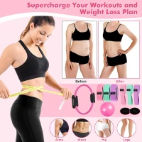 Pilates Home Gym Set — 14"" High-Resilience Ring, Multi-Level Fabric Bands, Mini Ball and Gliders with Training Poster(m-7)
