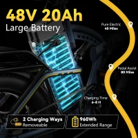 1000W Folding Electric Bike with 48V 20Ah Removable Battery — 20"" Fat Tire Ebike, 30+ MPH, Up to 80 Mile Range(m-3)