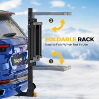 BougeRV 2025 Hitch-Mount Ski & Snowboard Rack with Lock — Folding, Tilting and Anti-Rattle Design for 2"" Receiver, Holds up to 6 Pairs or 4 Snowboards (Includes 4 Webbing Buckles)(m-8)