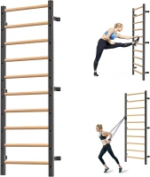 Kipika 2""x2"" Wall-Mounted Swedish Ladder with 1"" Hole — Pull-Up Bar & Suspension Trainer with Solid Wood Handles for Home, Wall Gyms, Schools(m-1)