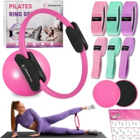 Pilates Home Gym Set — 14"" High-Resilience Ring, Multi-Level Fabric Bands, Mini Ball and Gliders with Training Poster(m-1)