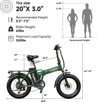 KEBIKO 1000W Peak Folding Electric Bike with Removable 48V 20Ah Battery, 30+ MPH, 80-Mile Max Range, 20"" Fat Tire Foldable E-Bike for Adults(m-7)
