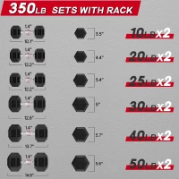 RitFit Rubber-Encased Hex Dumbbell Set with 6-Tier Rack (350 lb Total) — Coated Hand Weights for Complete Home Workouts(m-3)