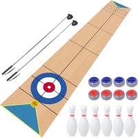 3-in-1 Shuffleboard, Curling & Bowling Family Game Set with 8.98 ft Mat, 2 Pusher Cues, 8 Curling Rocks and 6 Bowling Pins(m-1)