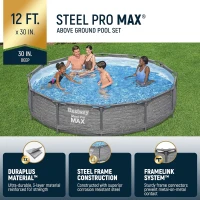 Bestway Steel Pro MAX 12' x 30"" Round Above-Ground Family Pool Set with Metal Frame, Liner and 330-Gallon Filter Pump – Gray(m-2)