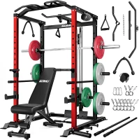 C1-V4 Power Cage 2000LB Squat Rack with Lat Pulldown - Multi-Function Strength Training Cage with Attachments for Home or Garage(m-1)