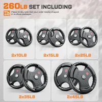 XDDIAS 260 lb Olympic Rubber Bumper Plate Set – 2-Inch Barbell Plates with Easy-Grip Handles and Steel Ring Insert(m-2)