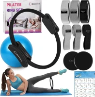 Complete Pilates Set with 14"" Ring, Fabric Resistance Bands, Mini Ball, Gliding Discs and Guide — Home Workout Kit(m-1)
