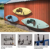 Kayak Wall Hanger Set — 4 Pairs (8 Hooks) Heavy-Duty J-Racks, 100 lb Capacity per Pair, Foam-Padded Wall Mounts(m-5)