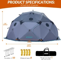 QualyQualy 8-10 Person Insulated Pop-Up Ice Fishing Tent with Floor - 147 sq ft Shelter with Stove Jack and Carry Bag(m-6)