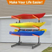 Freestanding Heavy-Duty 3-Tier Kayak Storage Rack — Adjustable Garage Stand for Kayaks, Canoes, SUPs & Surfboards (48""H x 46""W x 36""D)(m-4)