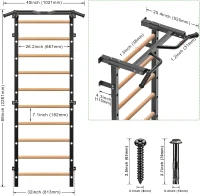 Kipika 2 x 2-inch Swedish Wall Ladder – Wall-Mounted Pull-Up Bar & Suspension Trainer with 1-inch Holes, Solid Wood Grips, Power Rack Compatible Gymnastic Stall Bar for Home, School and Wall Gyms(m-4)