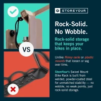 StoreYourBoard 120° Swivel Wall Bike Rack – Vertical Garage Mount with Adjustable Stopper – Space-Saving Hanger for Kids Bikes, BMX, Road Bikes and E-Bikes(m-7)