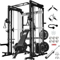 RitFit M1 / M1 Pro Smith Machine with Cable Crossover – Multi-Function Power Cage Package with Adjustable Bench & 260LB Bumper Plate Set(m-1)