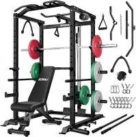 GOIMU C1-V4 Power Cage – 2000 lb Heavy-Duty Squat Rack with Lat Pulldown & Multi-Function Attachments for Home/Garage Gym(m-1)