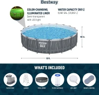 Bestway Steel Pro MAX 18' x 48"" Metal Frame Above-Ground Round Pool Set with LED Light & Remote, Ladder, Cover and 1500 GPH Filter Pump(m-4)