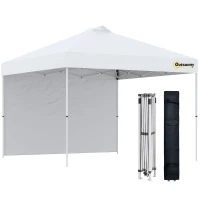 Outsunny 10&#39; x 10&#39; Pop Up Canopy Tent with Adjustable Height, 1 Sidewall, and Wheeled Carry Bag for Outdoor, Garden, Patio, White(m-11)