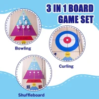 3-in-1 Shuffleboard, Curling & Bowling Board Game Set with 11.8 ft Mat, 2 Cues, 8 Rocks & 6 Pins - Family Fun(m-2)