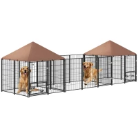 PawHut Large Outdoor Dog Kennel with 2 Rooms, Rotating & Adjustable Height Bowls, Waterproof & UV-Resistant Canopy(m-11)