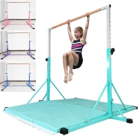 Adjustable Kids Gymnastics Bar with Mat – 5 ft / 6 ft Horizontal Bar, 35""–59"" Height Range, 500 lb Capacity, Foldable Training Equipment for Ages 5–20(m-1)