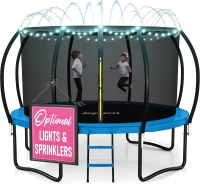 JoyBerri Outdoor Trampoline with Enclosure - ASTM Certified, Anti-Rust Frame, LED Lights, Sprinkler, Ladder (8–16 ft, Up to 450 lb)(m-1)