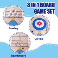 3-in-1 Shuffleboard, Curling & Bowling Family Game Set with 8.98 ft Mat, 2 Pusher Cues, 8 Curling Rocks and 6 Bowling Pins(m-2)