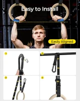 PACEARTH 32mm Wooden Gymnastics Rings 1500lbs with Screw-Lock Carabiners - 9ft Double-Layer Numbered Straps, Door Anchor & Foot Straps(m-3)