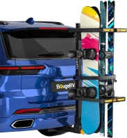 BougeRV 2025 Hitch-Mount Ski & Snowboard Rack with Lock — Folding, Tilting and Anti-Rattle Design for 2"" Receiver, Holds up to 6 Pairs or 4 Snowboards (Includes 4 Webbing Buckles)(m-1)