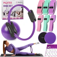 Home Pilates Training Kit — 14-Inch Foam-Padded Fiberglass Ring with Fabric Bands, Sliding Discs and Small Ball(m-1)