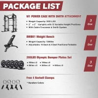 RitFit M1 Smith Machine with Cable Crossover System – Multi-Function Power Cage Package with Adjustable Bench & 260 lb Olympic Bumper Set(m-2)