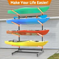 Freestanding Heavy-Duty 4-Tier Kayak Storage Rack — Adjustable Garage Stand for Kayaks, Canoes, SUPs & Surfboards (71""H x 46""W x 36""D)(m-5)