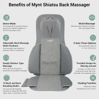 Mynt 2D & 3D Shiatsu Neck and Back Massager Pad — 10 Deep Kneading Nodes, Adjustable Height, Heat, Spot & Demo Modes — Portable Gray Chair Massage Cushion(m-2)