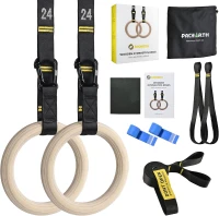 PACEARTH 32mm Wooden Gymnastics Rings 1500lbs with Screw-Lock Carabiners - 9ft Double-Layer Numbered Straps, Door Anchor & Foot Straps(m-1)