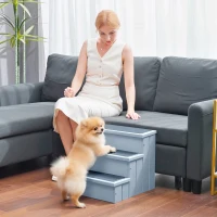 PawHut Pet Steps 3-Step Dog Stairs for Small Dogs Cats and Wooden Ramp with Storage Box Carpet Tread, Grey(m-1)